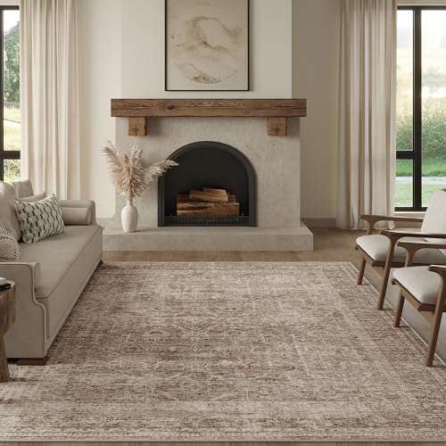 Fmfunctex 10x14 Washable Area Rug Taupe Vintage Neutral Distressed Large Non Slip Carpet for Living Room Bedroom Soft Low Pile Indoor Retro Tapis Salon Throw Rug for Dining Room Kitchen Office Nursery