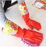 Kobwa(TM) Red Wide Mouth Plus Velvet Long Flower Rubber Gloves Antiskid Household Dishwashing Cleaning Warm Gloves With Keyring