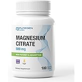 Magnesium Citrate 500 mg | High Potency Elemental Magnesium | Total 180 Veggie Caps, Superior Absorption, Non-GMO, NO Gluten and Dairy