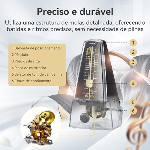 Metrônomo mecânico, Núcleo mecânico de cobre formato clássico batida precisa, vários modos de batida, adequado para piano guitarra bateria violino bateria saxofone preto Cabelo liso São Paulo Brasil