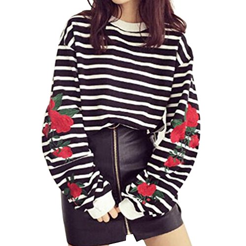 Focal20 Women Sleeve Rose Embroidered Striped Blouse Long Latern Sleeve Shirt Casual Loose Tops Long Sleeve T-shirt