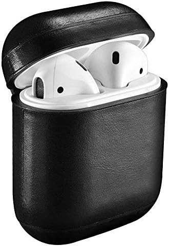 AirPods Case Cover Handmade Genuine Leather Protective Shockproof Case Compatible with Apple AirPods 1 & 2 Charging Case [Front LED Not Visible] [Supports Wireless Charging] (Black)