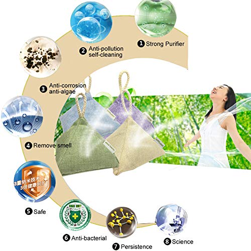 HUANLEMAI 4-Pack x 200g Natural Activated Moso-Bamboo Charcoal Air Purifying Bags, Fragrance Free, Chemical Free, Odor Eliminator Dehumidifier Purifier Absorb Moisture for Home, Kitchen, Closet, Car