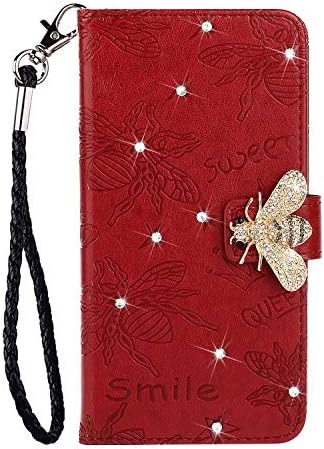 Veapero iPhone X Case,PU Leather Diamond Bee Embossed Flip Wallet Cover with TPU ShockProof Card Slots Magnetic Closure Stand Function Folio Flip Notebook Case Cover,Red