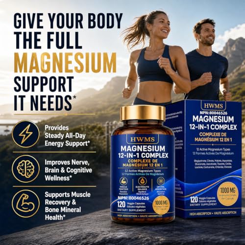 Magnesium Complex 1000mg 12 in 1 Magnesium Supplement with Glycinate Citrate Malate Oxide Taurate Aspartate Orotate Magnesium Relaxation,Muscle, Vegan 120 Capsules