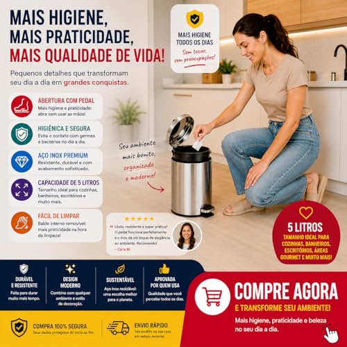 Lixeira Redonda Com Pedal 5 Litros Aço Inox Para Banheiro E Cozinha