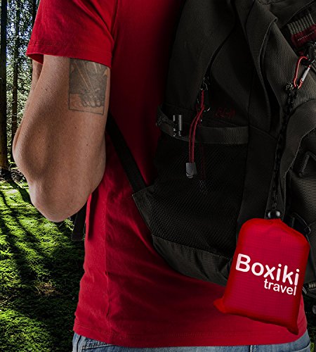 Compact Waterproof Pocket Beach Blanket by Boxiki Travel. Portable Lightweight Folding Tarp with Red Travel Case. Outdoor Picnic Camping Blanket with Easy Attachment Clip
