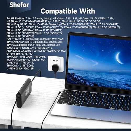 200W Laptop Charger Compatible With HP Omen Pavilion Gaming Victus Zbook | Omen Pavilion Gaming Victus 15 16 17 Zbook 15 17 Envy 15 15u TPN-DA10 TPN-LA20 TPN-LA21 L00818-850 L00895-003 ADP-200HB B