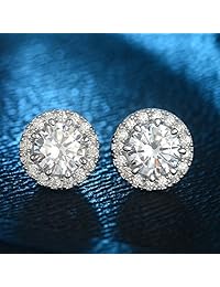 sencle S925 plata de ley con bañados en oro blanco 18 K circonitas cúbicas Halo Stud arete para las mujeres, Blanco, S925-RDCZ3