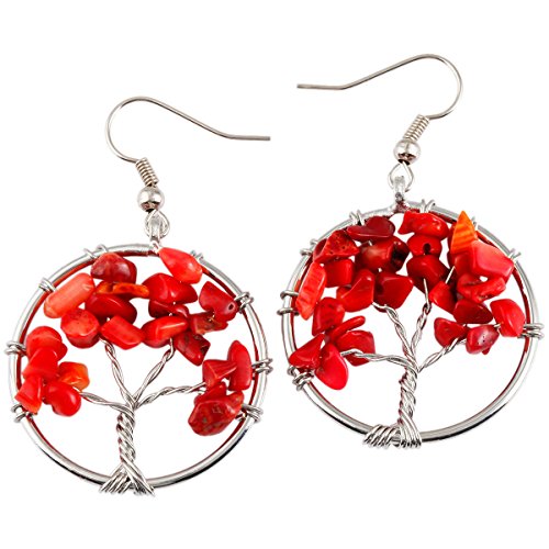 Sunyik red coral tree of life dangle earrings for women…