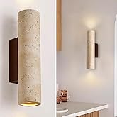 WOSBO Natural Yellow Travertine Wall Lamp, 11"H Long Linear Stone Wall Sconce with Stone Lampshade Wooden Base, Mid Century M