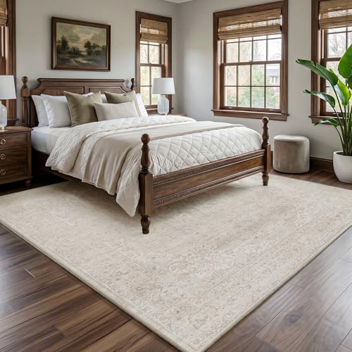 Fmfunctex 9x12 Washable Area Rug Neutral Beige Vintage Distressed Oriental Non Slip Low Pile Floral Rug Cream Traditional Soft Thin Retro Tapis Salon Indoor Carpet for Living Room Bedroom Dining Room