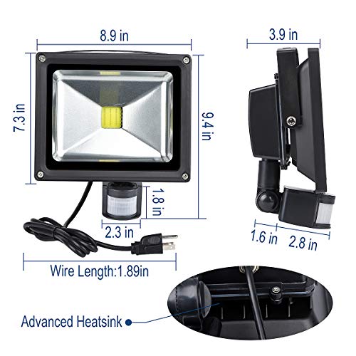 Motion Sensor Floodlight Outdoor, 20W Induction LED Lamp, IP65 Waterproof Spotlight, 6500K 1600LM LED Sensor Light,160W Bulb Equivalent Security Light with US 3-Plug(Daylight White)