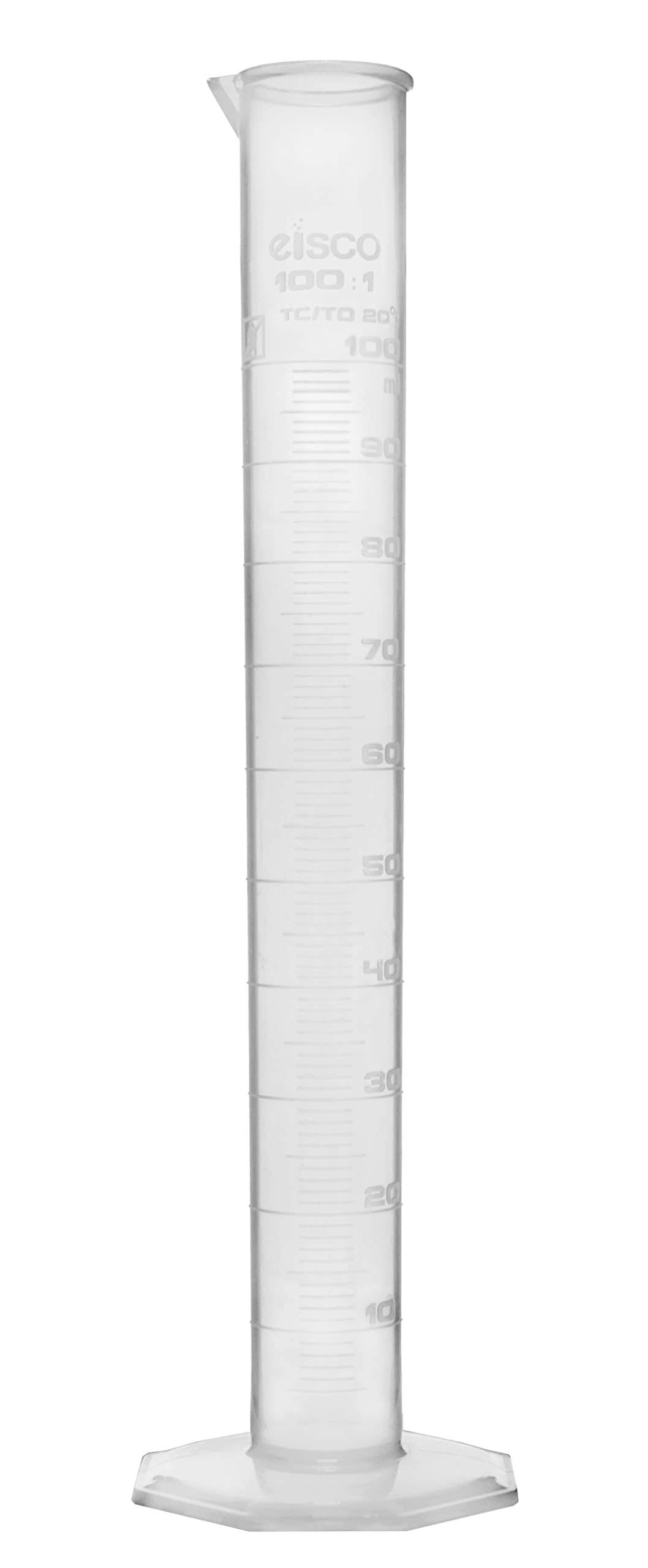 Eisco Polypropylene Graduated Measuring Cylinder - 100ml | Octagonal Base | Class B Tolerance | Easy to Read Measurements | Raised Graduations Marked Every 10ml | Durable Labware
