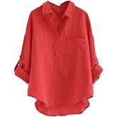 Minibee Women's Linen Blouse High Low Shirt Roll-Up Sleeve Tops