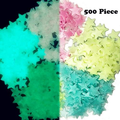 QingQiu Glow in The Dark Stars, 500 Piece Glow Star Wall Stickers - Green Pink Blue White Yellow - Included 500pcs Adhesive Putty for Kids Bedroom Party Decoration