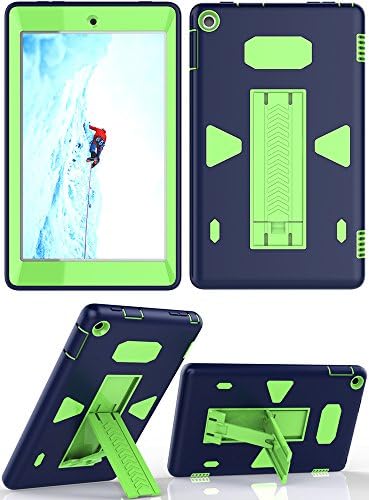 Fire HD 8 2017 Case with Rugged Protective Hard Shell and Kick Stand (Navy Blue+Yellow Green)