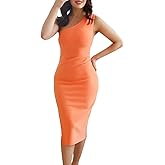 FANCYINN Womens Elegant Bodycon Dress One Shoulder Ruched Side Split Sexy Cocktail Party Midi Summer Dresses Orange L