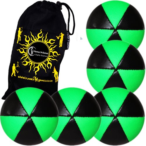 Flames 'N Games ASTRIX UV Thud Juggling Balls set of 5 Pro 6 Panel Leather Juggling Ball Set & Travel Bag! (Green)