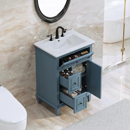 24" Bathroom Vanity with Drop-in Ceramic Sink, Cabinet with Tip-Out Drawer, Sof…