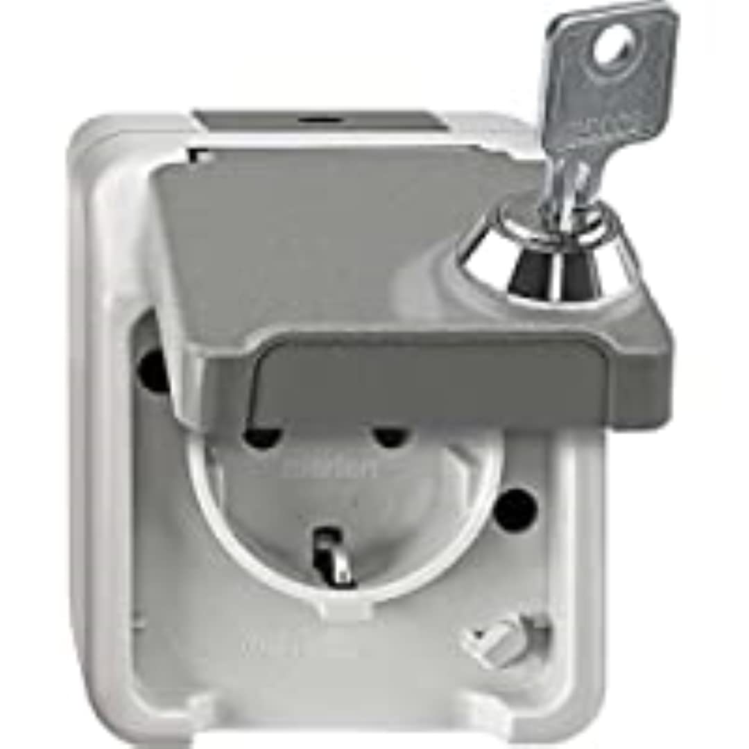 Merten MEG2423-8029 Surface-Mounted Damp Room Schuko Socket, Protective Contact Socket, Lockable with Same Locks with Hinged Lid, IP44, Aquastar, Light Grey