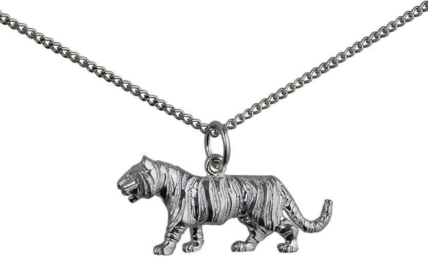 Silver 12x27mm Tiger Pendant with a 1.3mm wide curb Chain 18 inches