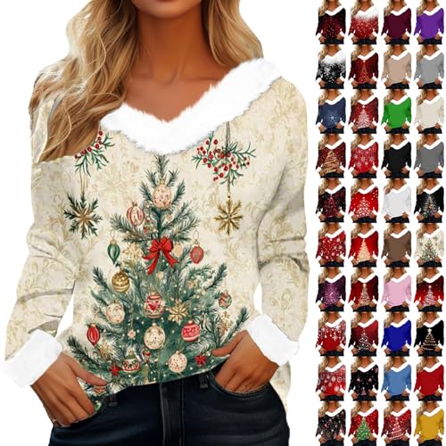Christmas Jumpers For Women Plush Collar Cuffs Round Neck Sweaters Fashion V Neck Christmas Sweatshirt For Women Xmas Tree Print Pullover Sweaters Loose Fit Casual Tunic Tops Winter Warm Xmas Jumpers