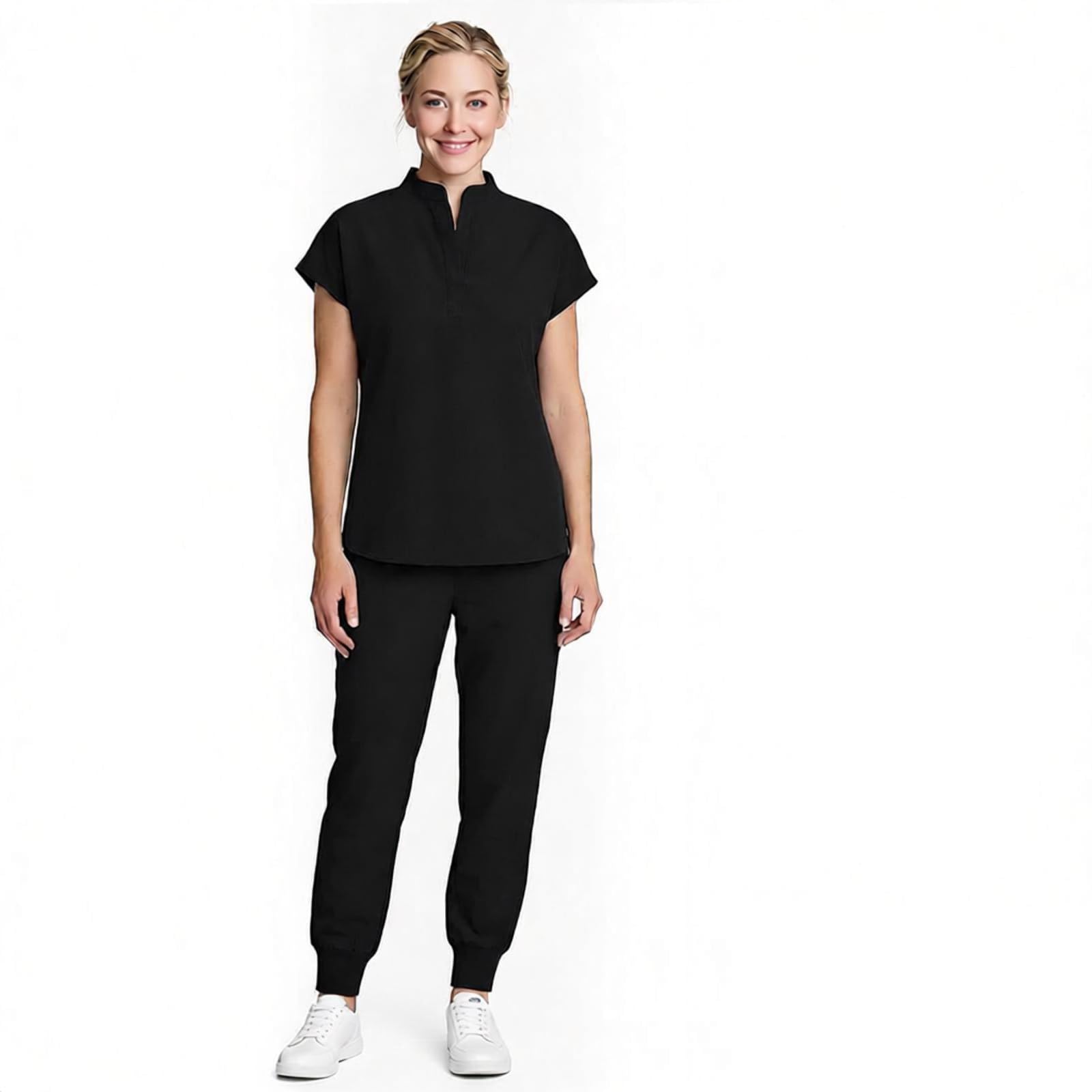 RAYGARD Scrubs for Women Set - Sleeveless Mandarin Collar Scrub Top & Jogger Pants with 7 Pockets for Nursing Medical Uniform (Black, Small)