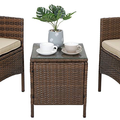Oteymart 3 Pieces Outdoor Furniture Wicker Rattan Conversation Set 2 Club Chairs with Coffee Table Modern Bistro Set for Yard or Backyard Garden PE Patio Furniture (Brown)