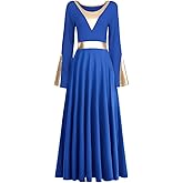Women Metallic Color Block Liturgical Praise Dance Dress Bell Long Sleeve Lyrical Dancewear Gowns Worship Costume