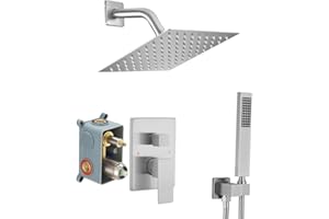 JingGang Shower System Brushed Nickel Bathroom Rainfall Shower Faucet Set Complete Wall Mounted 8 Inch Shower Head and Handle Set with Rough-in Valve Body and Trim Kit