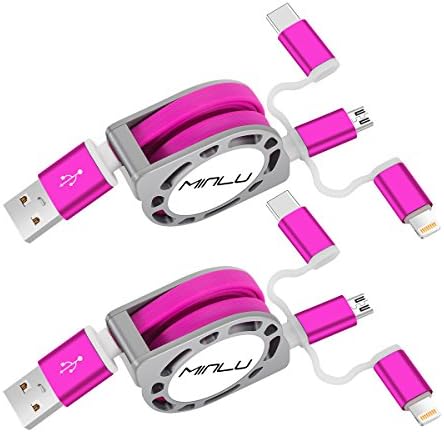 lightning Cable, Minlu 2pack 3.3ft 3-in-1 retractable USB charging cable fast data sync cord , Type C/Lightning/ Micro USB cable for iPhone 7 7Plus 6s 6sPlus 6 6Plus, Samsung Galaxy, LG, HTC …
