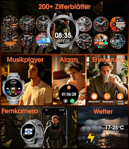 1400 mAh Battery Smartwatch Men, 1.7 HD Military Smart Watch with Phone Function, 110+ Sports Modes, IP68 Fitness Watch, Heart Rate/Sleep Monitor, LED Torch, Sports Watch for Android iOS, Grey Black