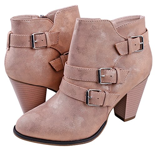 Titan Mall Forever Women's Buckle Strap Block Heel Ankle Booties Rose Gold… - Thumbnail 4