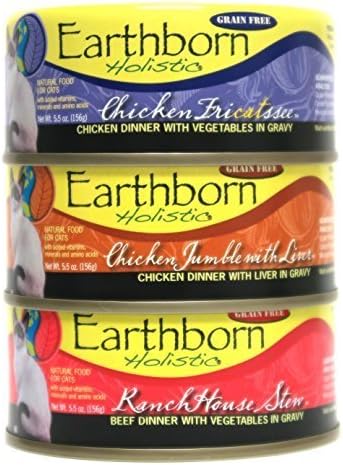 Earthborn HolisticWet Cat Food Variety Pack - 3 Flavors (Chicken Jumble with Liver, RanchHouse Stew, and Chicken Fricatssee) - 5.5 Ounces Each (12 Total Cans) by Earthborn Holistic