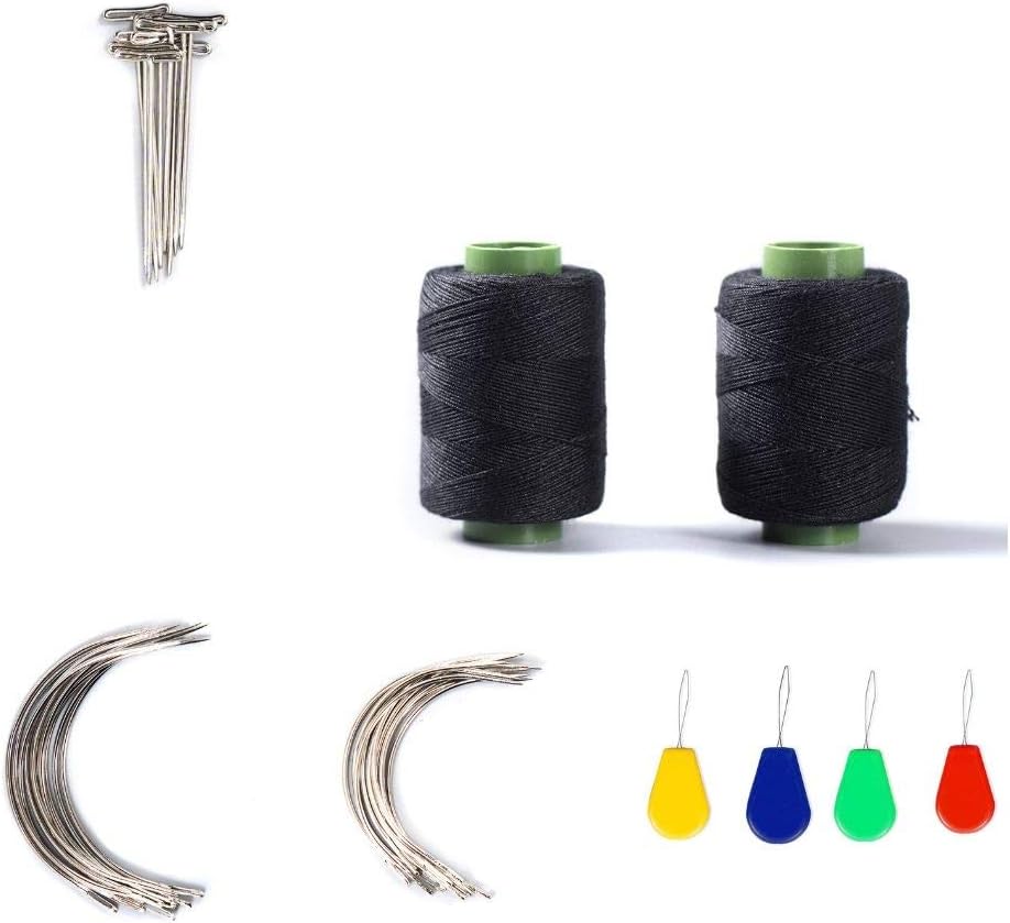 43 Pcs Hair Weave Sewing Needle and Thread Set,2 Hair Sewing Black Thread,20Wig T Pins, C Curved Needles and Needle Threader for Wig Making, Blocking Knitting,Modelling and Crafts (2 Rolls+20 T+ 20C)