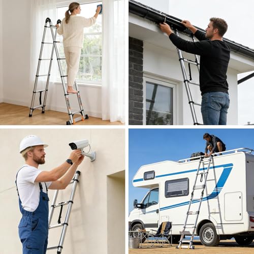 Escalera Telescópica Tipo A,Escalera Extensible de Aluminio Compacto de 5M, Escalera Telescópica Portátil para Autocaravana para Viajes al Aire Libre Con Barra Estabilizadora,Capacidad de 150KG