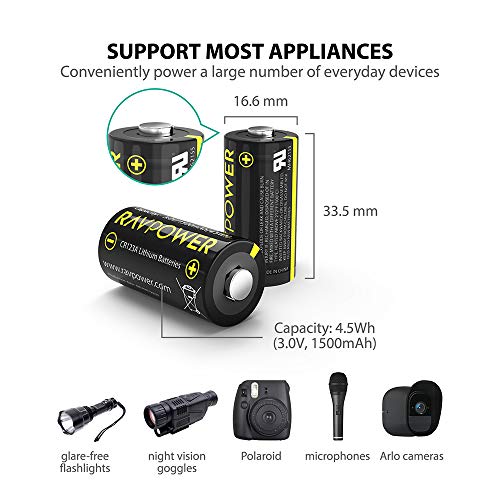 image for CR123A 3V Lithium Battery RAVPower Non-Rechargeable Lithium Batteries,