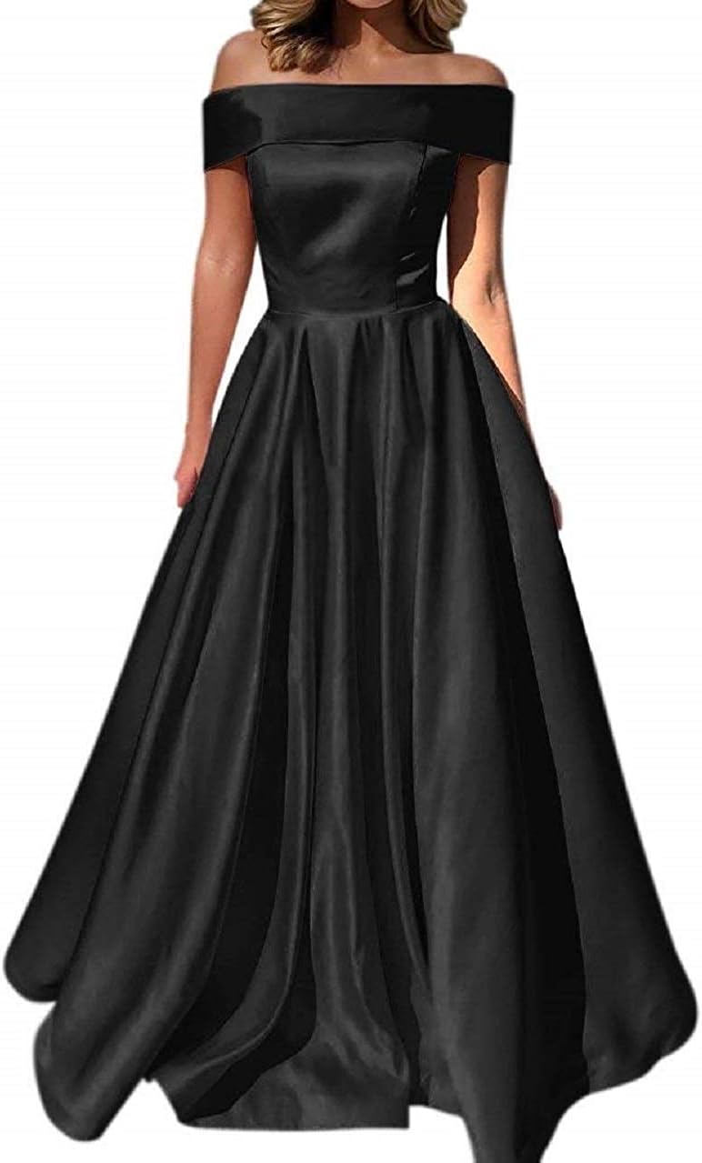 YuNuo Prom Dresses Off The Shoulder Evening Dresses Satin Beaded Party Dress A-Line Long with Pocket Formal Gown