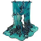 Academyus Women Floral Mesh Lace Peacock Soft Sacrf Long Embroidered Chiffon Veil Cocktail Dress Neck Scarves Shawl --Peacock Blue