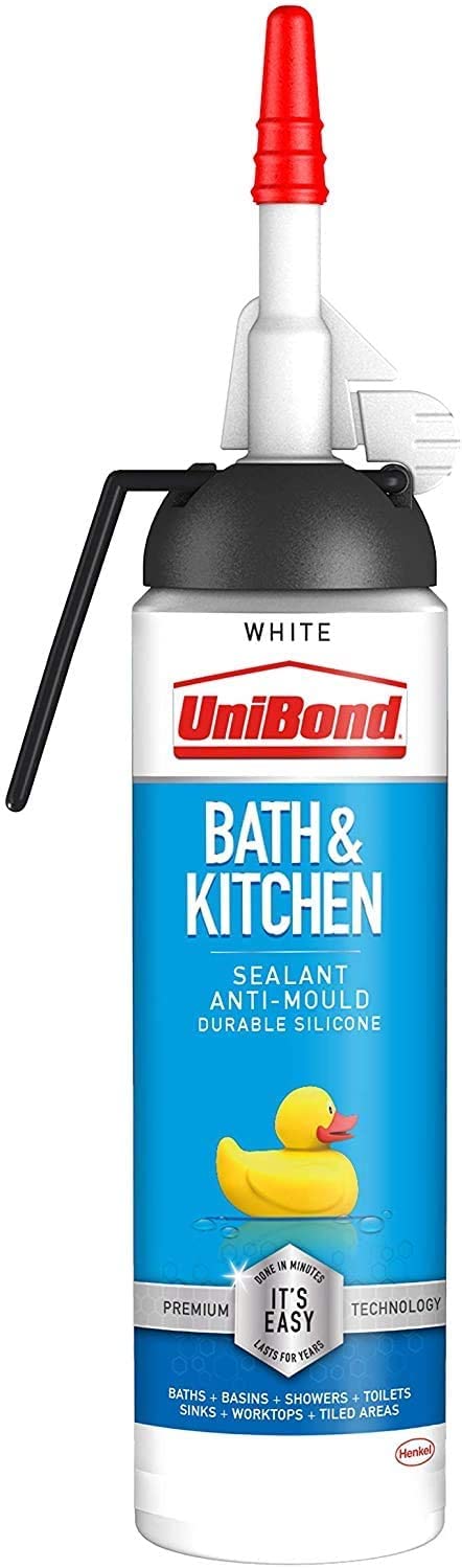 UniBond Bath & Kitchen Sealant, Mould Resistant White Silicone Sealant Ideal for Showers, Toilets, Tiles, Worktops & More, Durable & Waterproof, Easy Bathroom Sealant, 1x104g Pressure Pack