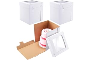 Huoshange Tall Cake Boxes for Tier Cakes,10x10x12 Inch [3 Pack ] Sturdy Tall Cake Box with Window,White Wedding Cake Boxes,La