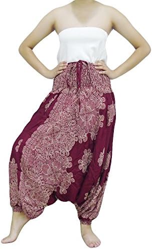 Loongcha Women Harem Pants 2 in 1 Wearing Smocked Waist Yoga Aladdin (BB3 Red)