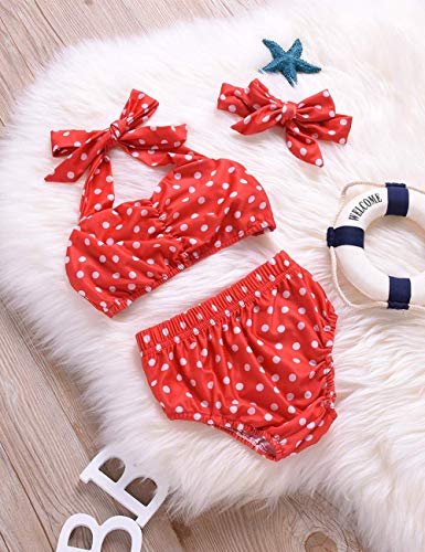 image for Menglang Baby Girl Swimsuit Ruffle Red Dot Top and Bikinis Skirt Headb