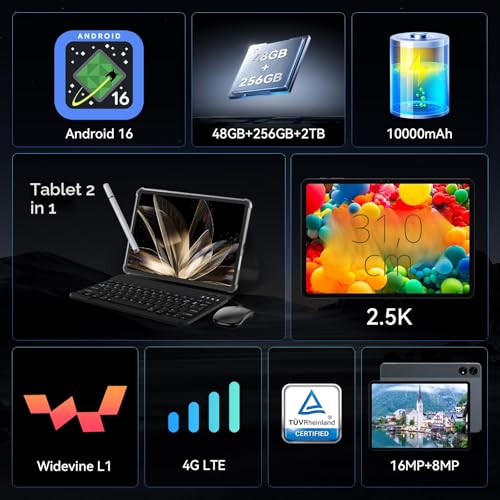 TABWEE T60 12 Inch Tablet with Keyboard – Android 16, 48 GB RAM+ 256 GB ROM, 10000 mAh, 16 MP+8 MP, 1600 x 2400 QHD+, Widevine L1, Gemini AI 3.1 Pro, GPS, Tablet on offer with 4G (4 Years Warranty)