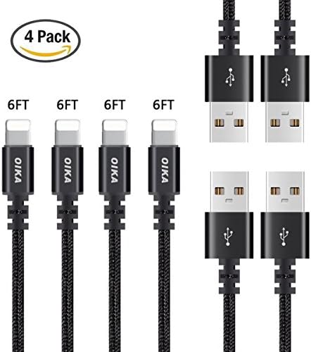 OIKA Lightning cable 4Pack 6FT Nylon Braided IPhone Charger certified to charging Cable with charging indictor powerline for iPhone 5/5C/5S/6S/6S PLUS/7/7 plus, iPad Air, and more (Black)