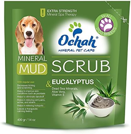 Ochah Mineral Mud SCRUB-FLEA &amp; ODOR with Eucalyptus, Aloe Vera, and Vitamin E- 14oz. Made from the Healing Minerals of the Dead Sea to promote healthy skin and coat. Natural, Reliable, and Effective