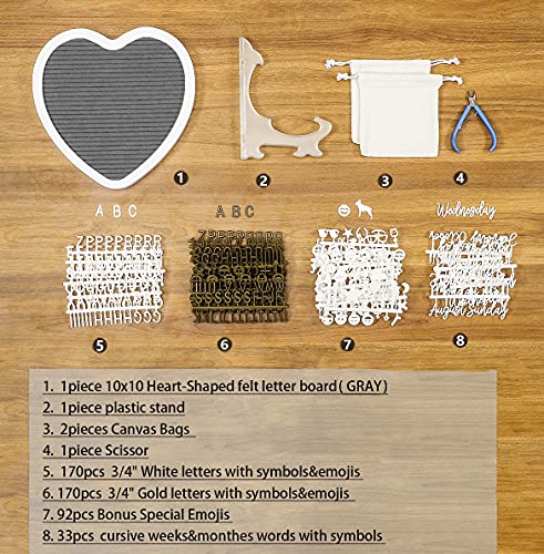 G GAMIT Heart-Shaped Felt Letter Board Message Sign - 10x10 inches Message Board with 465 Changeable White&Golden Letters,Numbers,Cursive Words and Stand for Party,Baby Announcement,Wedding,Pregnancy,Wall&Tabletop Decor (Gray)