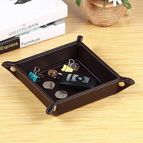 PUSU Desk Organizer Trays, Collapsible Household Catchall Storage Leatherette Drawer Valet Trays for Keys Remote Controller Jewelry Makeup Pens Change Coins Dice Trinkets (Brown) - Thumbnail 4