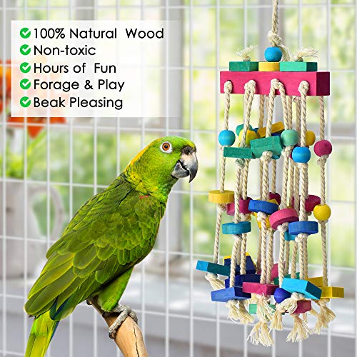 KATUMO Bird Chewing Toy with Bird Perch Nature Wood Stand, Parrot Cage Bite Toys Multicolored
